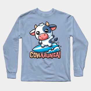 Cowabunga! Cute Surfing Cow Pun Long Sleeve T-Shirt
